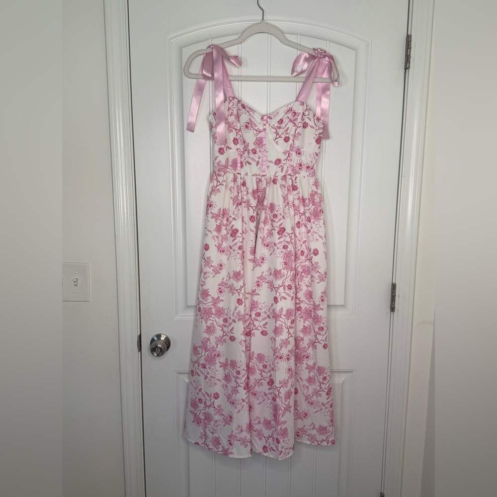 Boutique Pink Floral Maxi Dress with Ribbon Straps